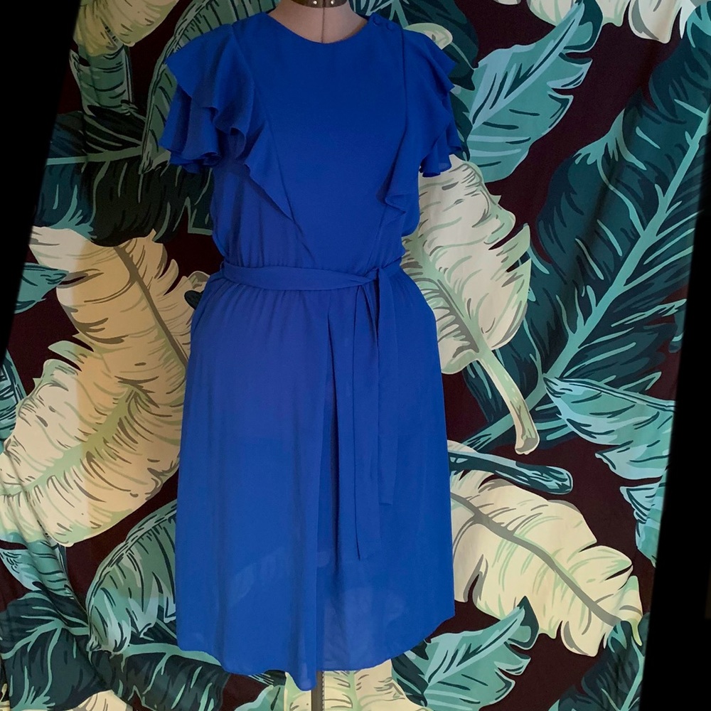 Vintage Royal Blue Midi Dress with Ruffle Sleeves
